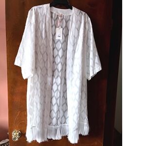 Skies Are Blue White Diamond Burnout Fringe Kimono Cardigan Wrap M/L New